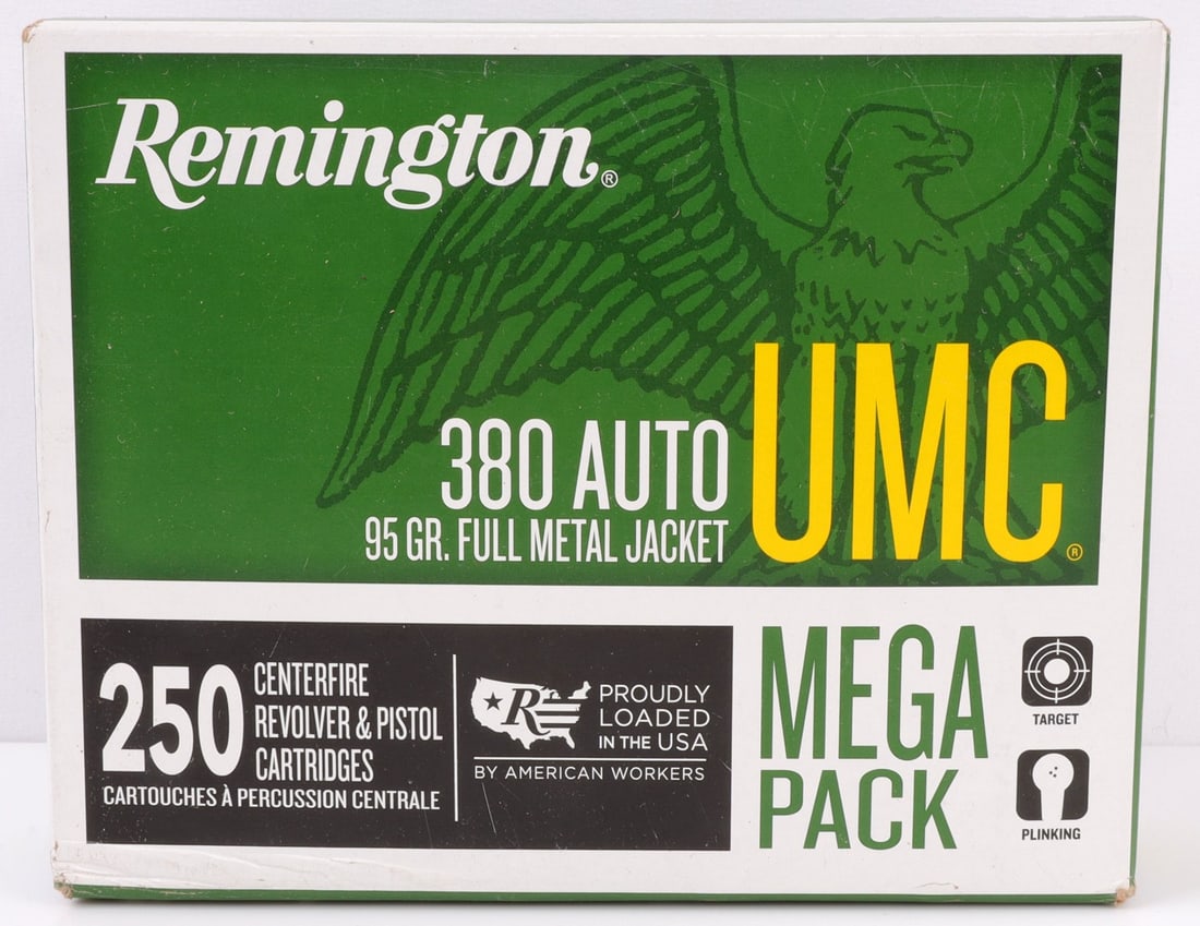 250 RDS REMINGTON 380 AUTO 95 GR FMJ AMMO: One (1) box, 250 rounds total Remington UMC 380 Auto, 95 Grain, Full Metal Jacket Ammunition. No international shipping. Know your state laws prior to bidding. This lot has a reserve.