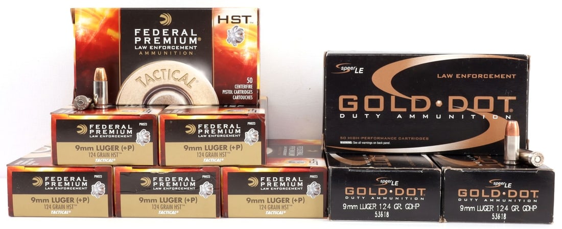 450 RDS 9MM LUGER 124GR JHP LAW ENFORCEMENT AMMO: Lot of 450 rounds new manufacture 9mm Luger 124gr JHP pistol ammunition. Six (6) boxes Federal Premium LE 9mm Luger +P 124gr HST Tactical (MPN P9HS1G1) and three (3) boxes Speer LE Gold Dot 9mm Luger 