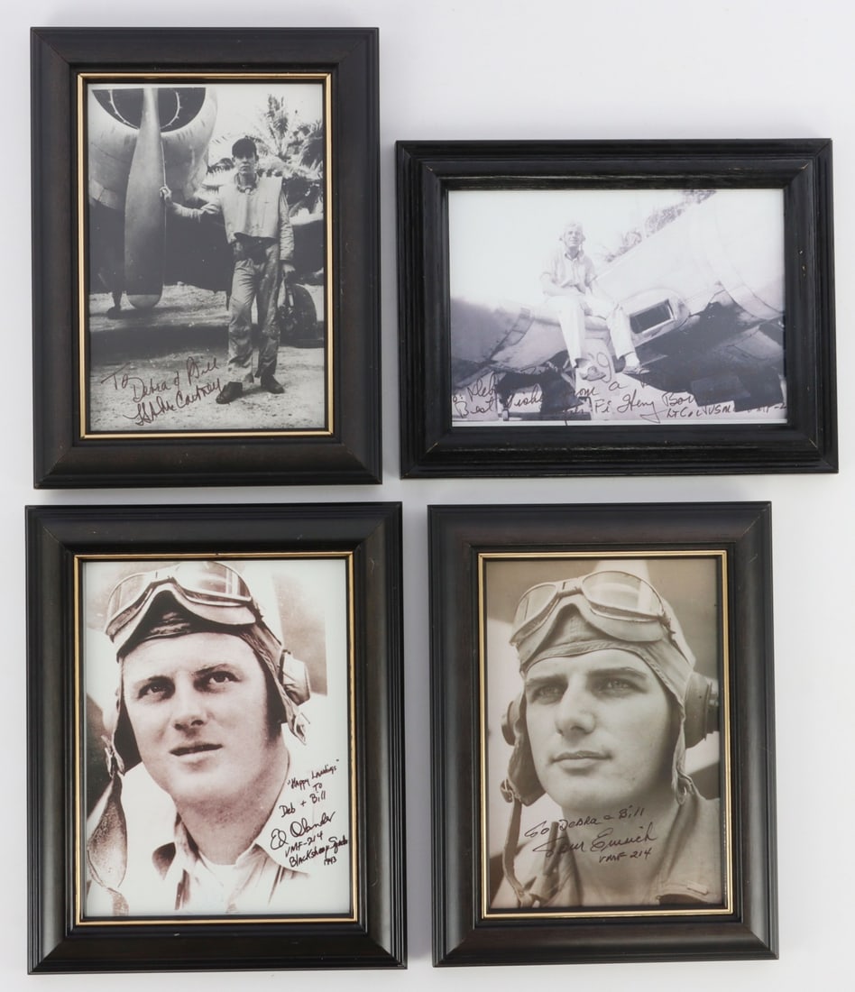 LOT OF 4 BLACK SHEEP SQUADRON AUTOGRAPHS: Lot of FOUR (4). 1) Signed photograph of fighter ace H. A. McCartney with plane. Signed 'To Debra & Bill.' 2) Signed photograph of Sam Emich. Signed 'to Debra & Bill.' 3) Signed photograph of fighter 