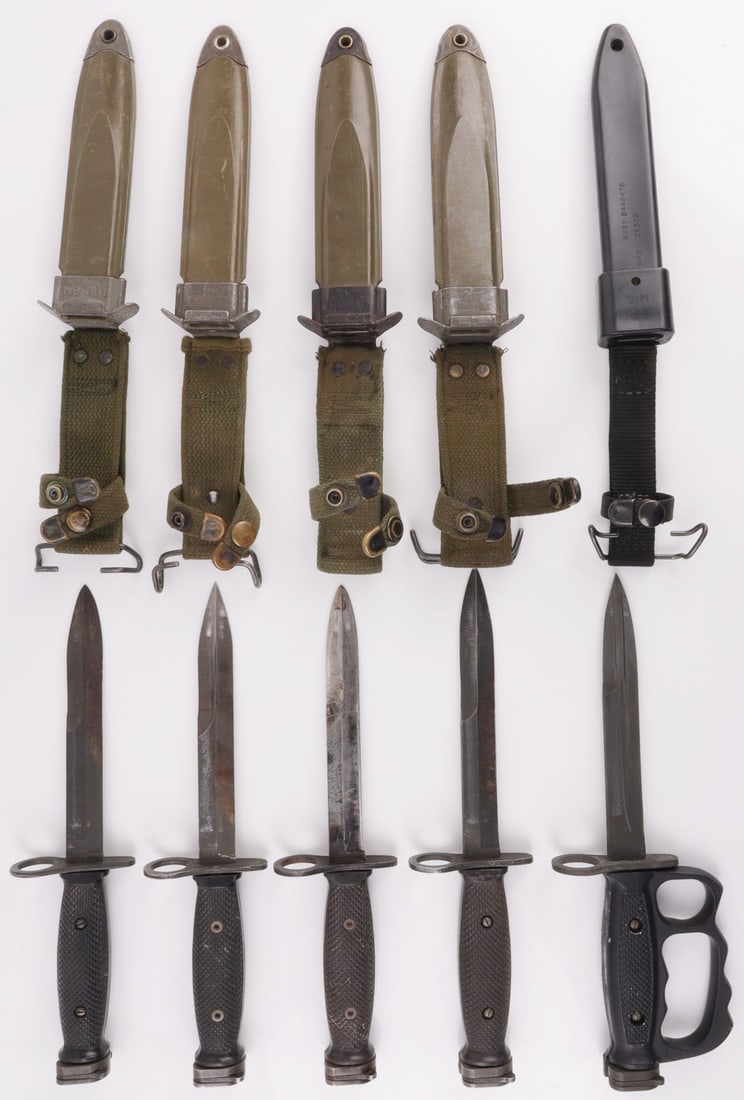 LOT OF 5 VIETNAM WAR US M7 BAYONET FIGHTING KNIFE: Lot of FIVE (5) US M7 / Mark VII socket bayonets for the M16 rifle. Four are marked "BOC" (Bauer Ordnance Company) on hand guards. One is marked "Imperial" and equipped with aluminum knuckle duster gr