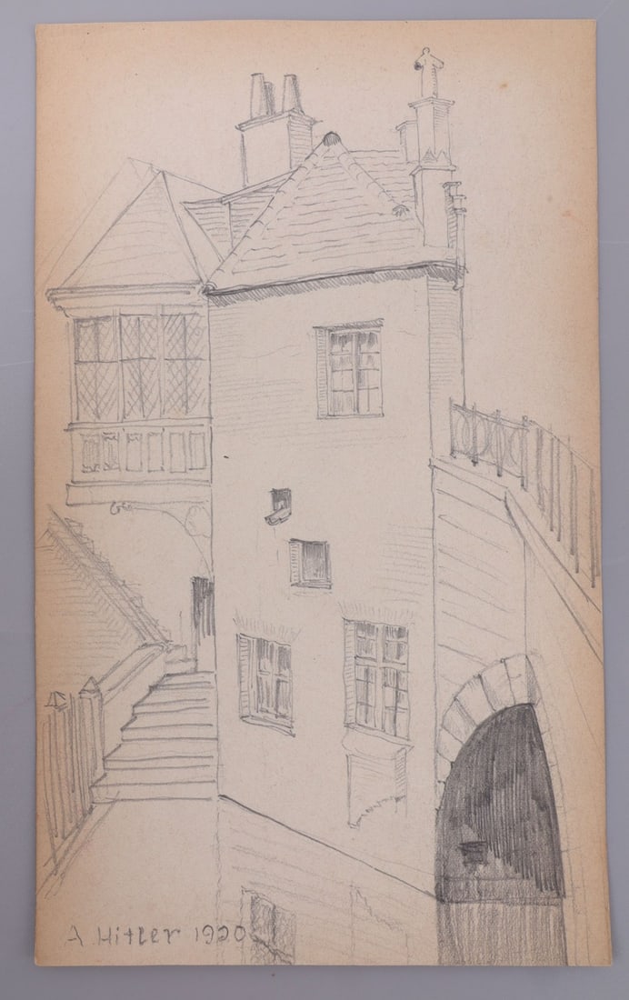 WWII THIRD REICH ADOLF HITLER PENCIL SKETCH: Pencil sketch showing a city street and winding stairs. Sketch bears the signature 'A. Hitler' and the date '1920.' There is the remnants of an attempt of a second sketch on the back. Paper and pencil