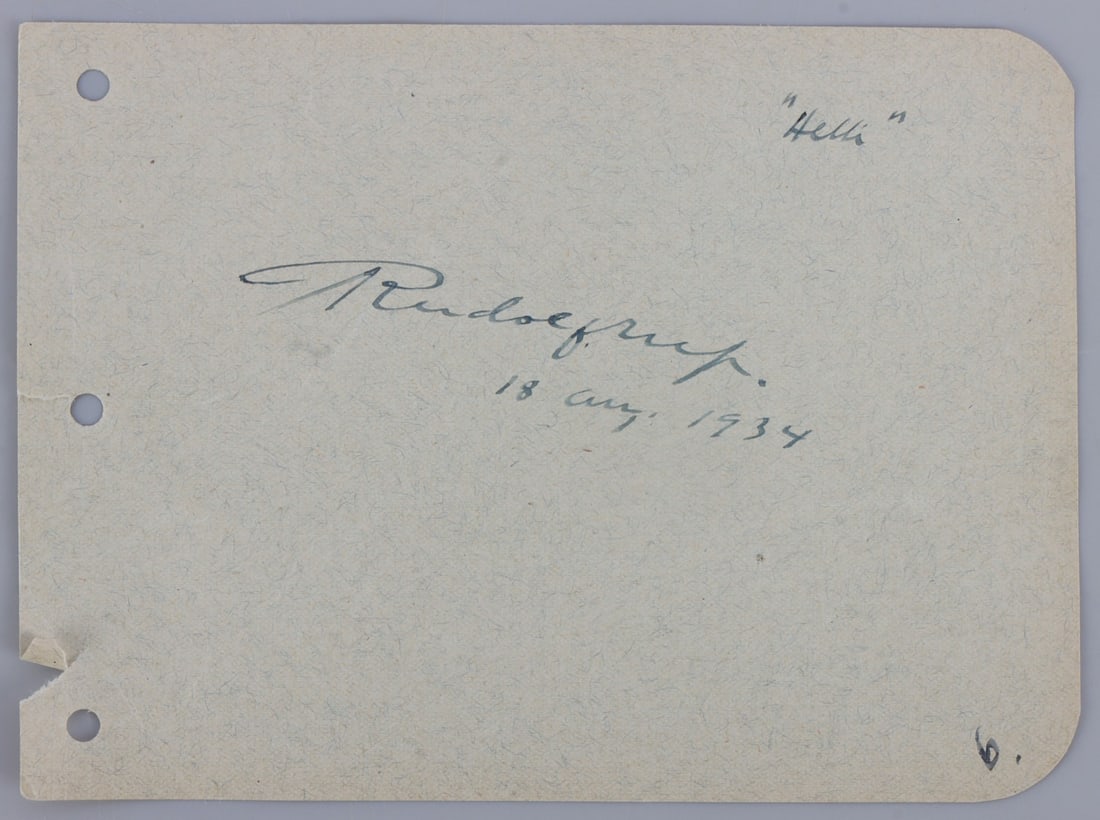 WWII GERMAN THIRD REICH RUDOLF HESS SIGNATURE: A page removed from an autograph book with the signature 'Rudolf Hess,' dated August 18, 1934. 6.1 X 4.5 inches. Deemed authentic according to terms. Very good, original condition.
