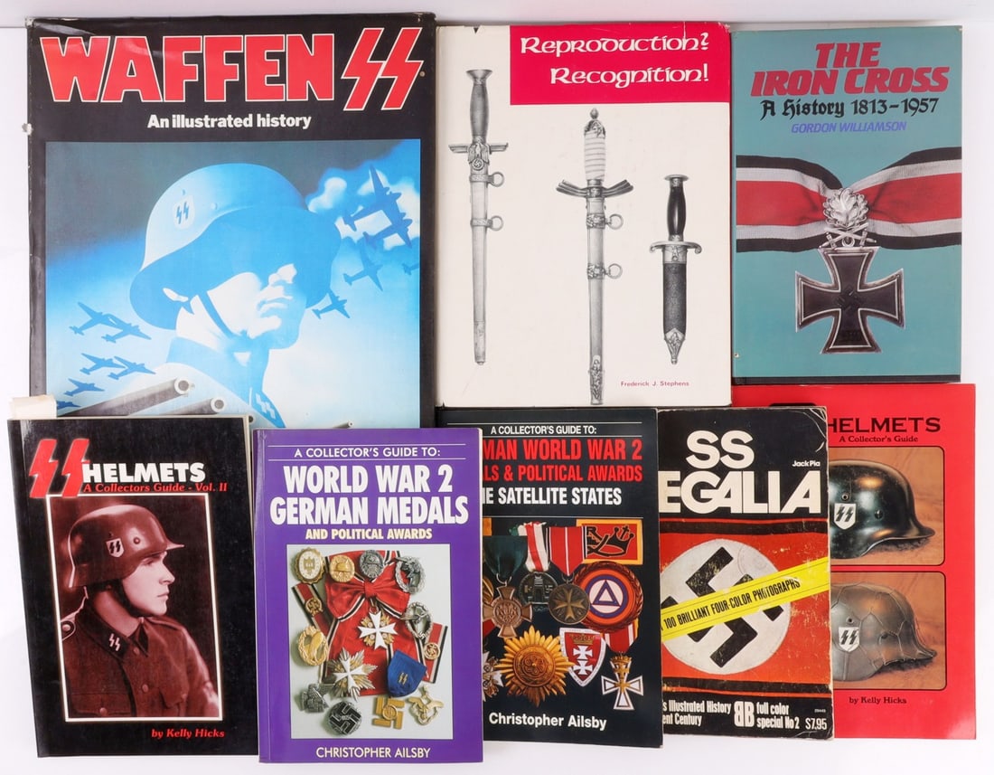 WWII GERMAN BOOKS WAFFEN SS MEDALS UNIFORMS: Kelly Hicks SS Helmets, World War II German medals by Christopher Ailsby, The Iron Cross A History 1816 - 1957 by Gordon Williamson, SS Regalia by Jack Pia, and Waffen SS by Adrian Gilbert. Very good