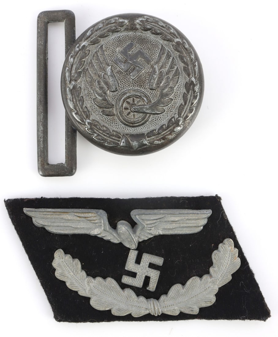 WWII GERMAN RAILWAY COLLAR TAB AND BELT BUCKLE: Zinc belt buckle with wool collar tab. No maker's mark on buckle. They measure 1 3/4 and 3 5/8 inches.