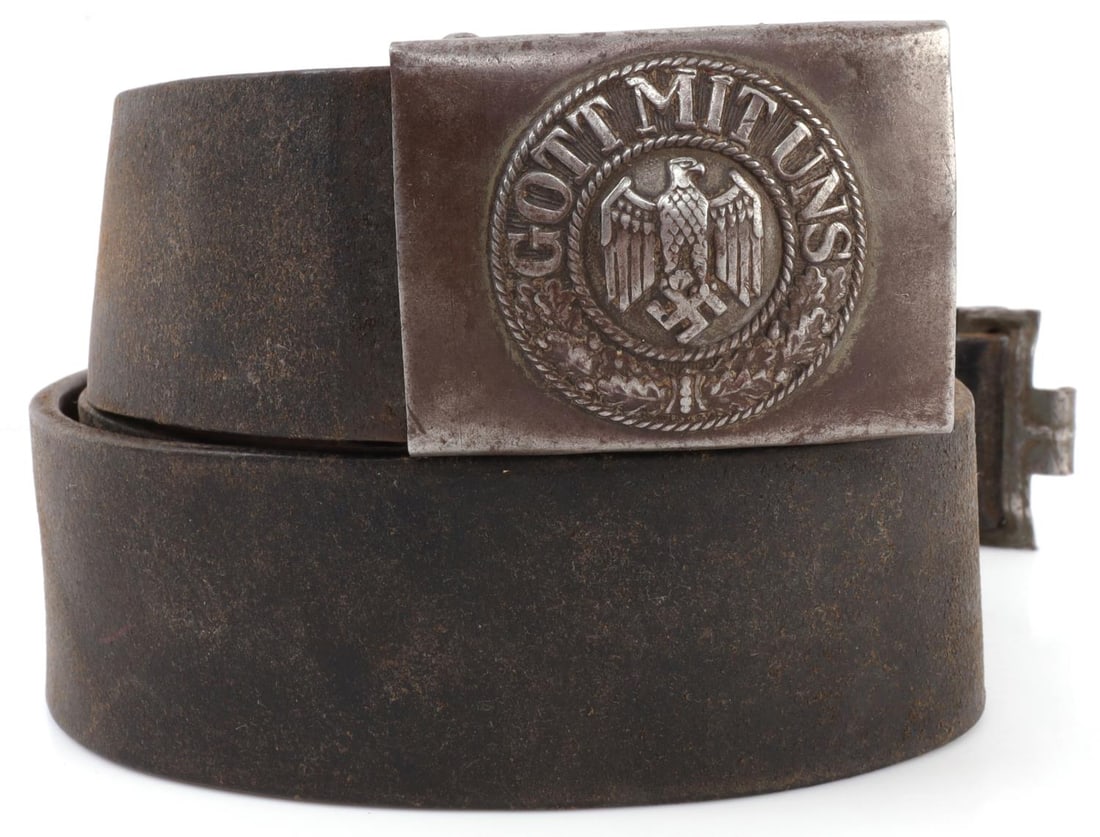 WWII GERMAN THIRD REICH HEER BELT & BUCKLE: 2.5-inch buckle is steel construction with standard motto. Leather belt measures 38 inches. Very good overall condition.