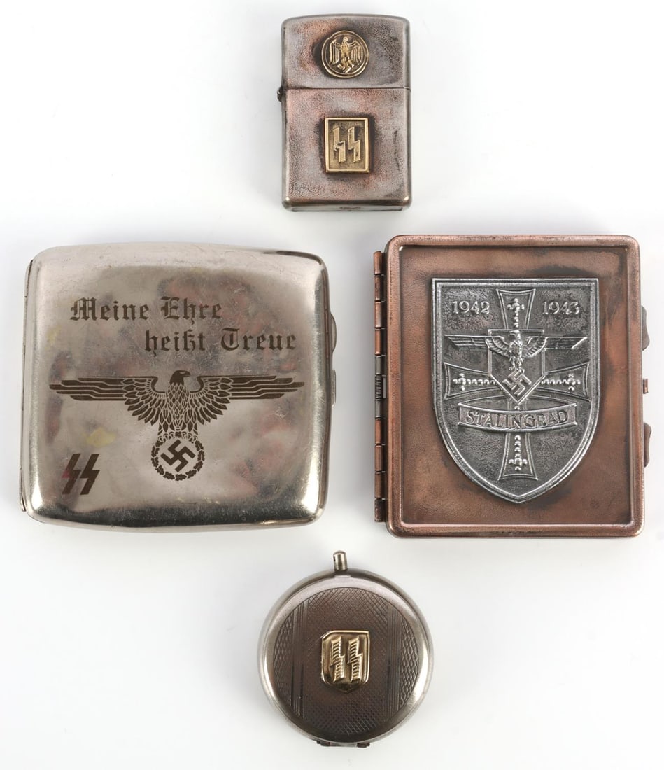LOT OF 4 WWII GERMAN THIRD REICH PERSONAL ITEMS: Lot of FOUR (4). 1) Battle for Stalingrad cigarette case. 2) Waffen SS pocket ashtray. 3) Waffen SS cigarette lighter. 4) Waffen SS cigarette case. All unauthenticated, sold "as is."