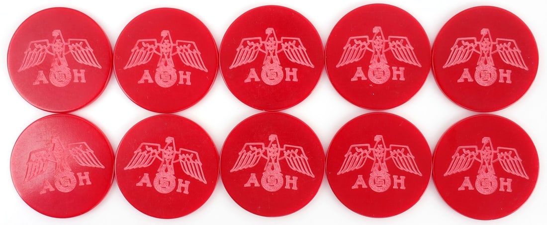 10 WWII GERMAN THIRD REICH NSDAP SPIEGELBANK CHIPS: Lot of TEN (10) bakelite chips marked on one side with an AH Reichsadler and on the other "Berghof Spiegelbank 1000 RM." Some of the ink is falling out of the chip. 1.5 inch diameter. Unauthenticated,