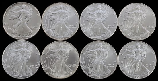 8 MIX DATE SILVER AMERICAN EAGLE 1 OZT OUNCE COINS