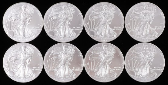 LOT OF 8 2015 SILVER AMERICAN EAGLE BU COINS