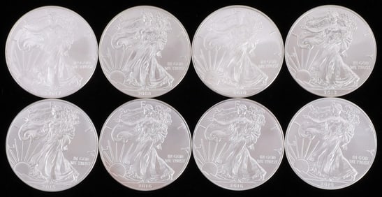 LOT OF 8 MIXED DATE SILVER AMERICAN EAGLE BU COINS