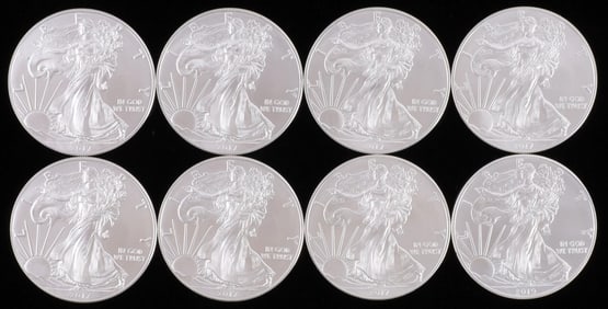 LOT OF 8 MIXED DATE SILVER AMERICAN EAGLE BU COINS