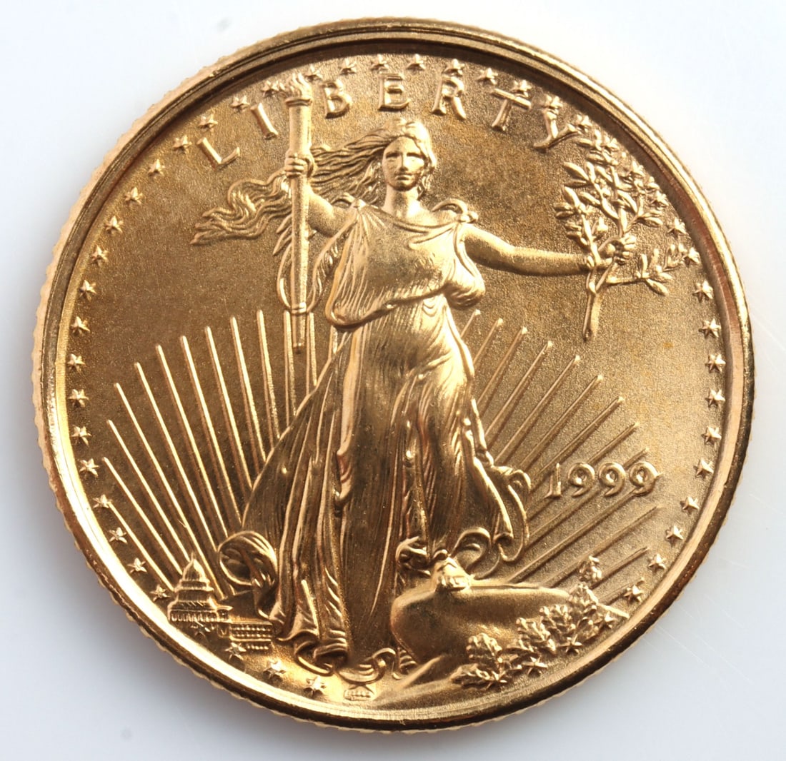 1999 GOLD 1/10 OZT OUNCE AMERICAN EAGLE BU COIN: Brilliant uncirculated. This lot has a reserve.