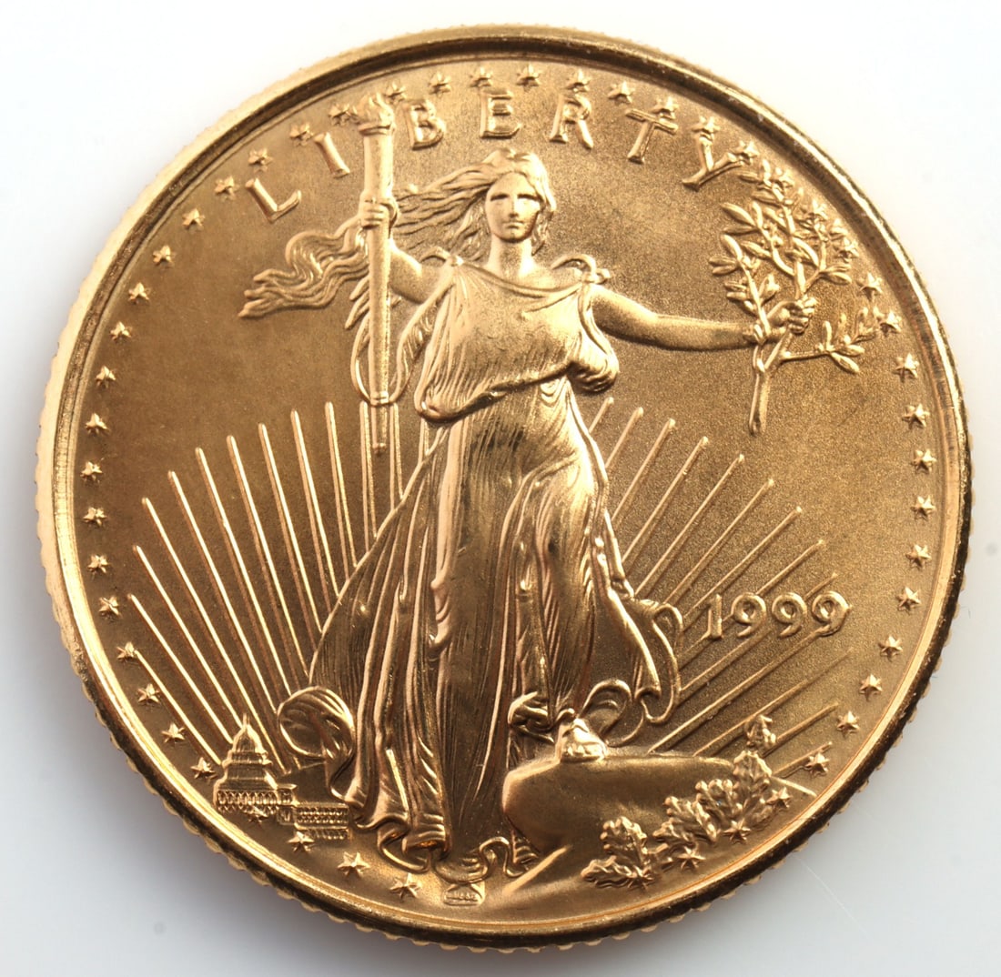 1999 GOLD 1/10 OZT OUNCE AMERICAN EAGLE BU COIN: Brilliant uncirculated. This lot has a reserve.