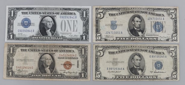 4 U.S. CURRENCY LOT FUNNY BACK HAWAII SILVER CERT