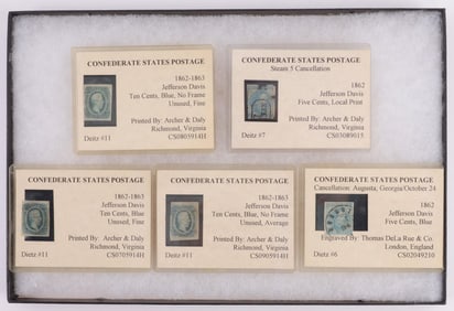 CONFEDERATE STATES STAMP LOT OF 5 CATALOGUED
