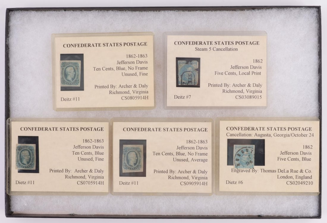 CONFEDERATE STATES STAMP LOT OF 5 CATALOGUED: Nicely catalogued and described, in Riker mount. This lot has a reserve.