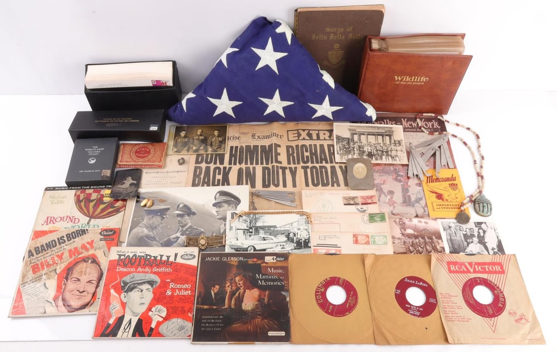 GENERAL EPHEMERA ANTIQUE LOT DOCUMENTS ETC: As photographed. Documents, 50-star flag and more.