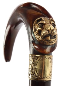 ANTIQUE BUFFALO HORN CARVED WITH LION WALKING CANE