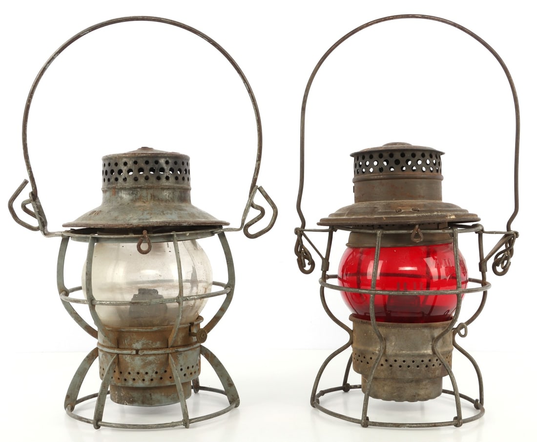 CHICAGO BURLINGTON & QUINCY RAILROAD LANTERN 2PCS: Lot of two (2) antique kerosene railroad lanterns. First is marked on its dome "The Adams & Westlake Co., CB & G. RR., Adlake No. 250 Kero, Chicago-Elkhart-New York." Patent information around edge of