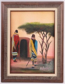 JOHN NDAMBO PAINTING MAASAI PEOPLE IN LANDSCAPE