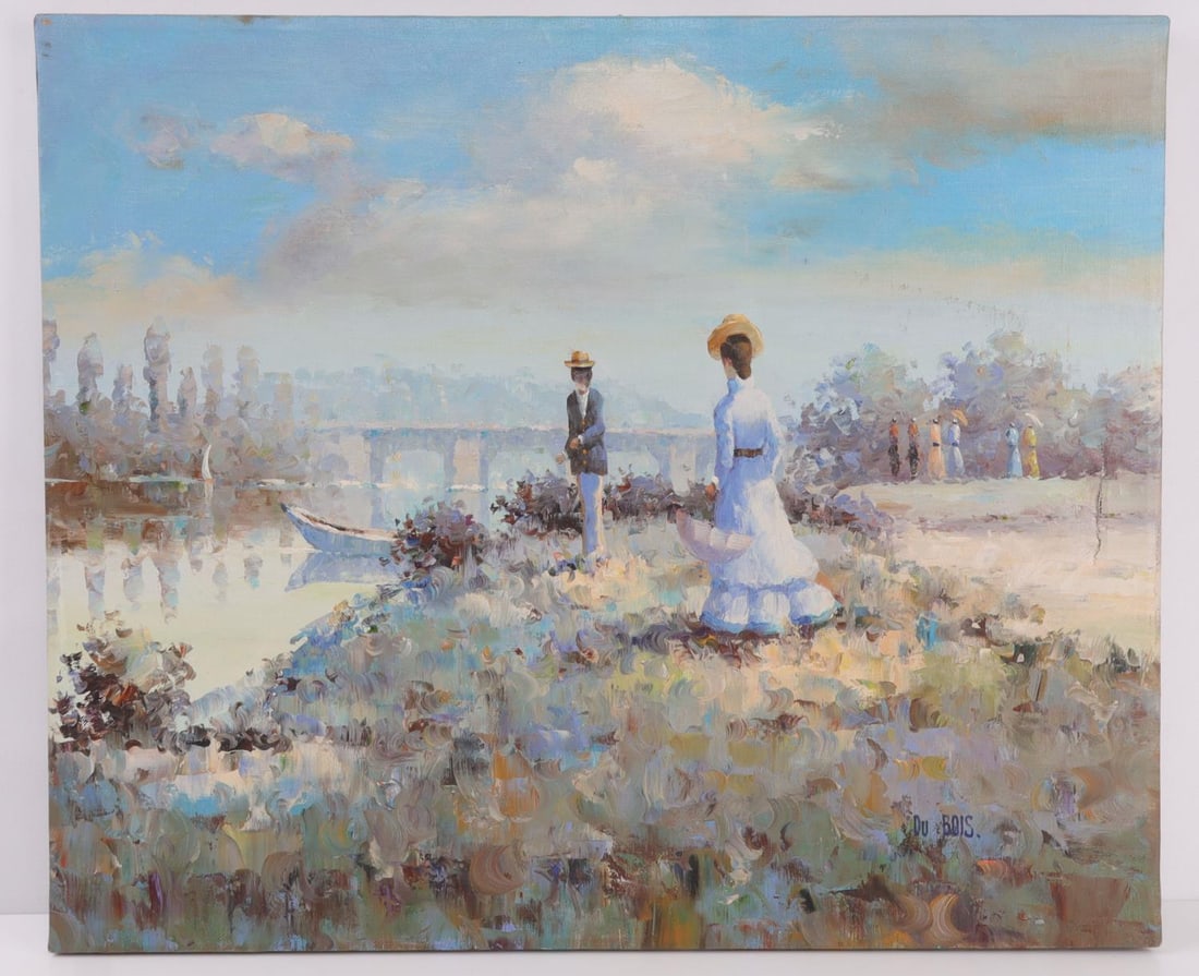 PIERRE DU BOIS FRENCH ROMANTIC AFTERNOON PAINTING: Oil on canvas. Signed lower right field. 23 X 20 inches. Slight tear in the right field.