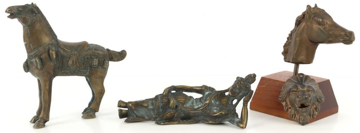 ANTIQUE BRONZE SCULPTURE LOT HORSE GODDESS LION