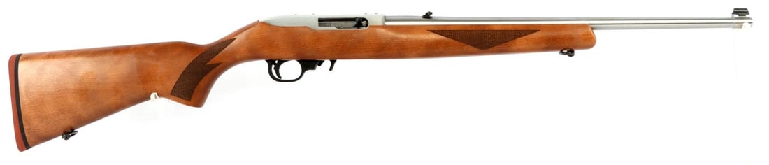 RUGER 10/22 75TH ANNIVERSARY .22LR RIFLE NIB: New in box Ruger 10/22 75th Anniversary Sporter rifle. MPN 31275. Checkered wood stock, satin stainless finish, 18.5-inch barrel. Includes one (1) 10rd box magazine, sling swivels, 75th Anniversary de