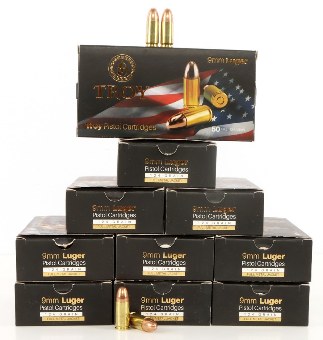 500 RD TROY 9MM LUGER 124 GR FMJ AMMO: 500 rounds, 10 boxes, 50 rounds pre box. Troy 9mm 124 grain, full metal jacket ammunition. No international shipping. Know your state laws prior to bidding. This lot has a reserve.