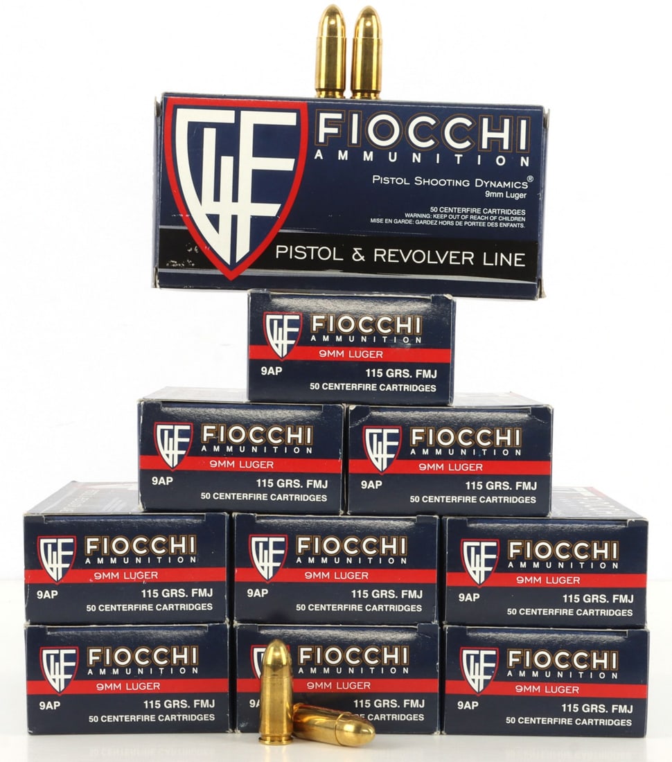 500 ROUNDS 9MM LUGER 115GR FMJ FIOCCHI AMMUNITION: Lot of 500 rounds new manufacture 9mm Luger 115gr FMJ centerfire pistol ammunition. Fiocchi Ammunition Pistol Shooting Dynamics 9AP. No international shipping.