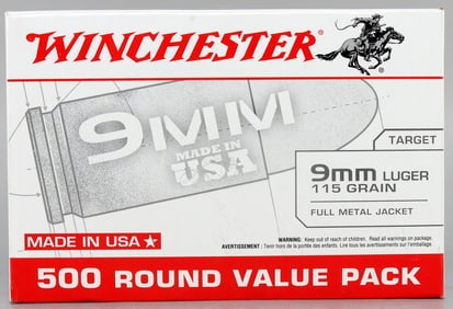 500 ROUNDS 9MM LUGER 115GR FMJ WINCHESTER AMMO