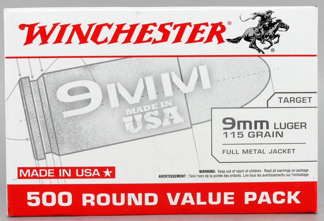500 ROUNDS 9MM LUGER 115GR FMJ WINCHESTER AMMO: Lot of 500 rounds factory new 9mm 115gr FMJ pistol ammunition. Winchester 500 round value pack. No international shipping.