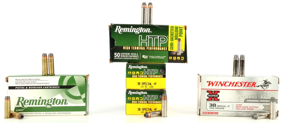 250 RDS 38 SPC 125GR AND 158 GR MIXED BRAND AMMO: 500 Rounds, 5 boxes, 50 rounds in each box. One (1) box of Winchester 38 special 158 grain lead semi-wad cutter hollow point ammunition. Four (4) boxes Remington 38 special 125 grain semi- jacketed ho