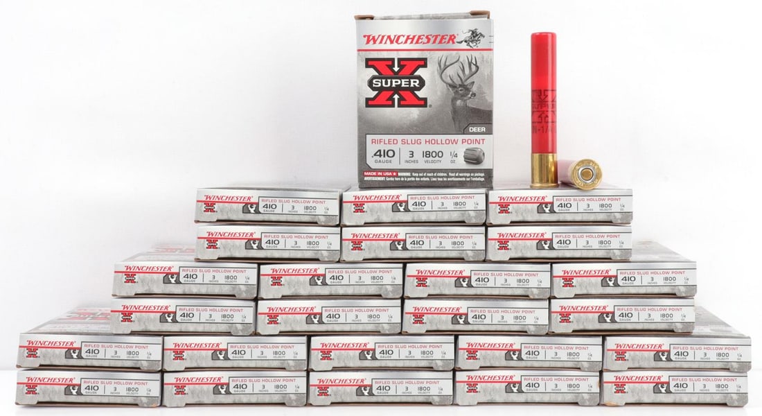 125 RDS WINCHESTER 410 GA 3 INCH 1/4 OZ AMMO: 25 boxes, 5 rounds each, 125 rounds total Winchester Super X Rifled Slug Hollow Point, .410 Gauge, 3 inches, 1800 Velocity, 1/4 ounce Ammunition. No international shipping. Know your state laws prior 