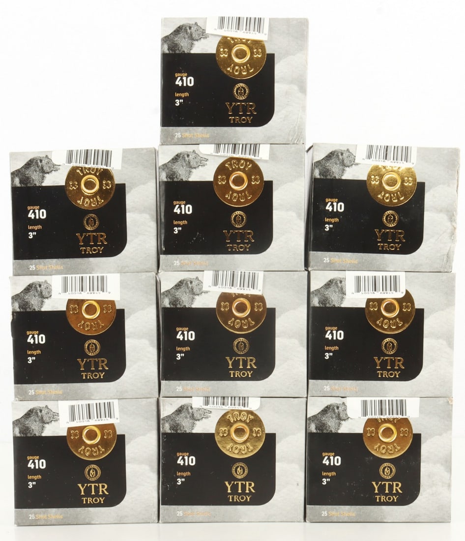 250 RDS YTR TROY 410 GA 3 INCH 5/8 OZ AMMO: 250 Rounds, 10 boxes, 25 rounds in each box. YTR Tory 410 gauge length 3" 5/8 oz #7.5 ammunition. No international shipping. Know your state laws prior to bidding This lot has a reserve.