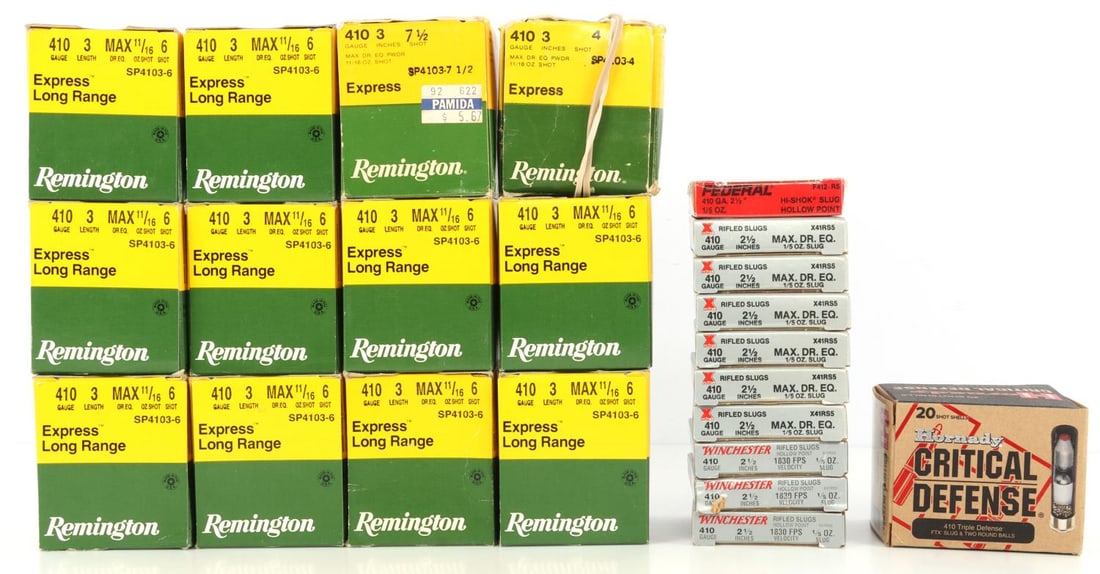 370 ROUNDS 410 GAUGE SLUG & 6 SHOT AMMUNITION: Lot of 370 rounds factory new .410 shotgun ammunition. Includes 12 boxes Remington Express 3-inch long range 11/16 oz. 6 shot, 10 boxes 2-1/2 inch rifled slugs and one box Hornady Critical Defense 2-1