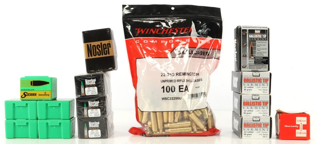1500 PCS .22 BULLETS & 22-250 REM UNPRIMED BRASS: Lot of 1500 pieces .22 cal reloading components. Includes 1400ct assorted Nosler & Sierra .22 cal varmint bullets and 100ct Winchester 22-250 Remington unprimed brass rifle shellcases. No internationa