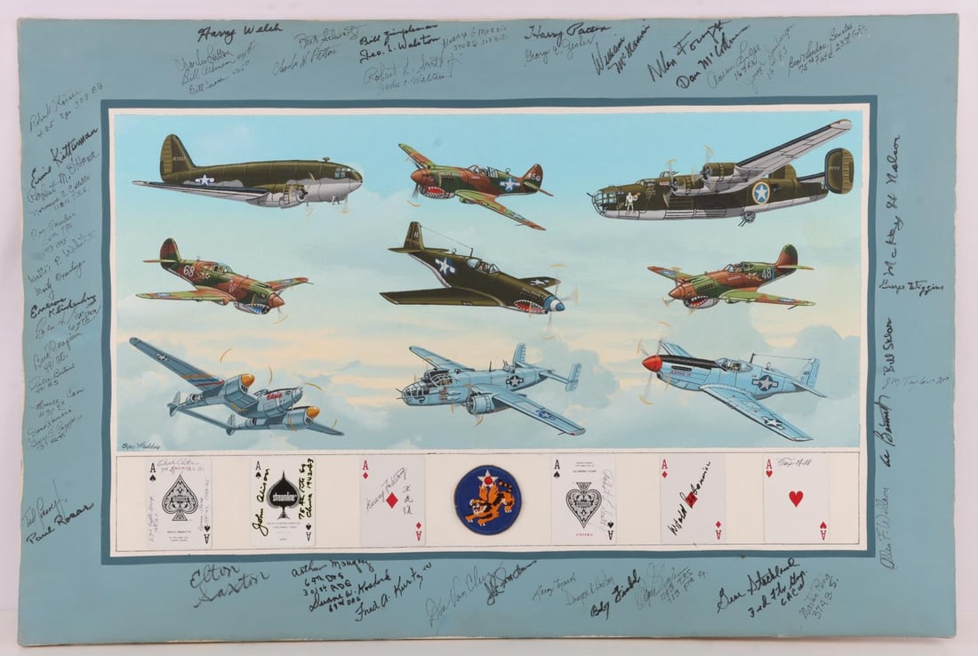 50+ SIGNED RAY WADDEY FIGHTER ACE CANVAS PAINTING: Large painted canvas with more than FIFTY (50+) autographs from wartime fighter pilots. Signatures include, but are not limited to, Harry Welch, Leroy Marsh, Ernie Kitterman, Elton Saxton, Bill Sklar,