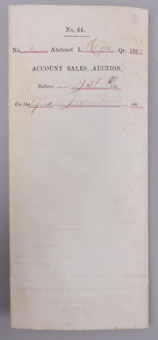 CIVIL WAR US ARMY HOUSTON HORSE AUCTION RESULTS DS: Two (2) sheets, folio, DS. US Army accounting sheet for public auction held in Houston, Texas on November 17, 1865. Signed by E.R. Wells, auctioneer, and US Army Quartermaster Charles A. Garcelon. 17 