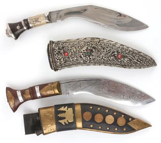 2 DECORATED NEPAL GURKHA KUKRI FIGHTING KNIFE LOT