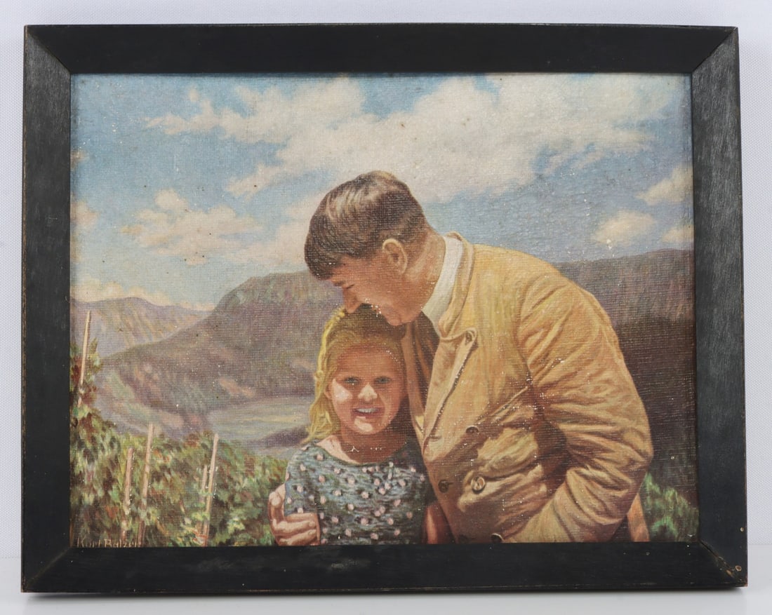 ADOLF HITLER FRAMED OIL PAINTING PRINT: Adolf Hitler framed “Oil Painting Print” circa 1935 from the Hoffman photo. Similar example shown in the Gettysburg Museum of History. It measures 7-7/8X10 inches. This lot has a reserve.