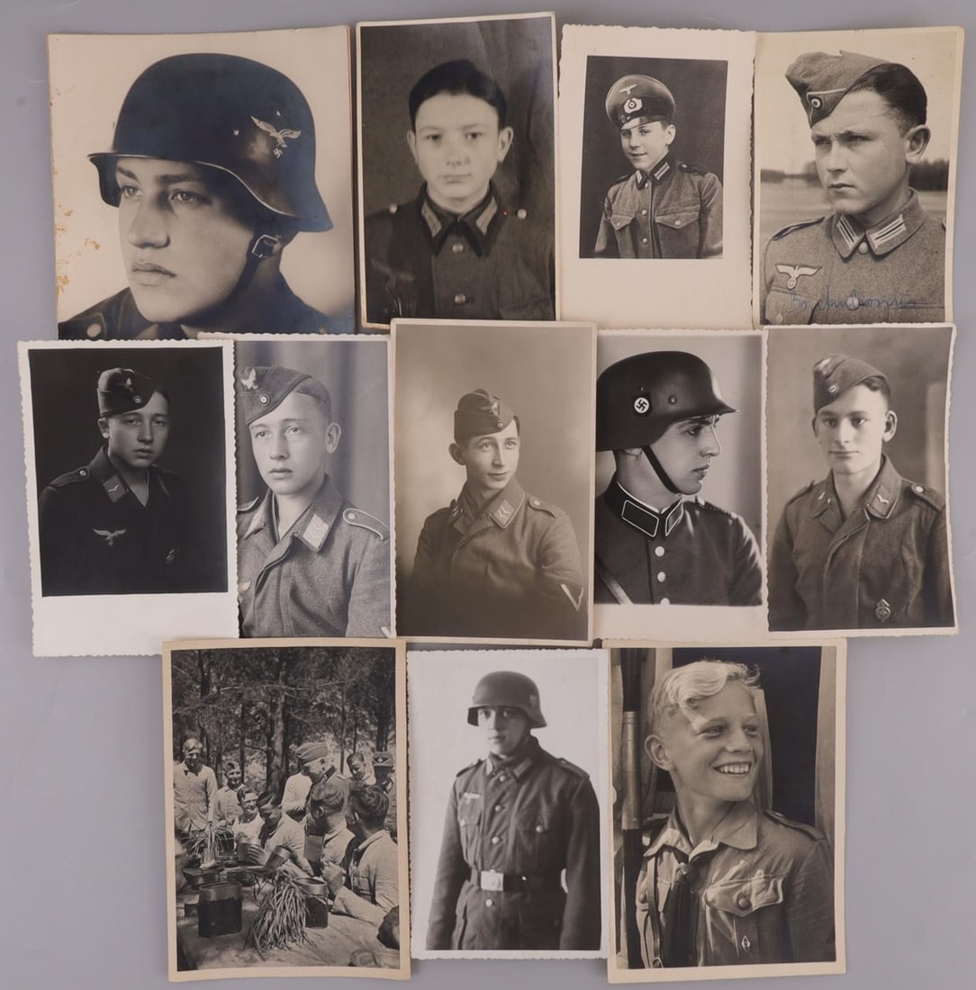 LOT WWII GERMAN THIRD REICH CHILD SOLDIER PHOTOS: Assorted lot of post cards, photographs, and cabinet photos depicting young and child soldiers of the Third Reich. Images are inclusive of Hitlerjugend, the Luftwaffe, and Heer. Very good, original co