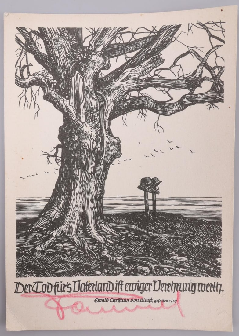 WWII GERMAN THIRD REICH ERWIN ROMMEL SIGNED CARD: Postcard signed by Erwin Rommel in red pencil. Signature has been deemed authentic according to terms. Very good, original condition.