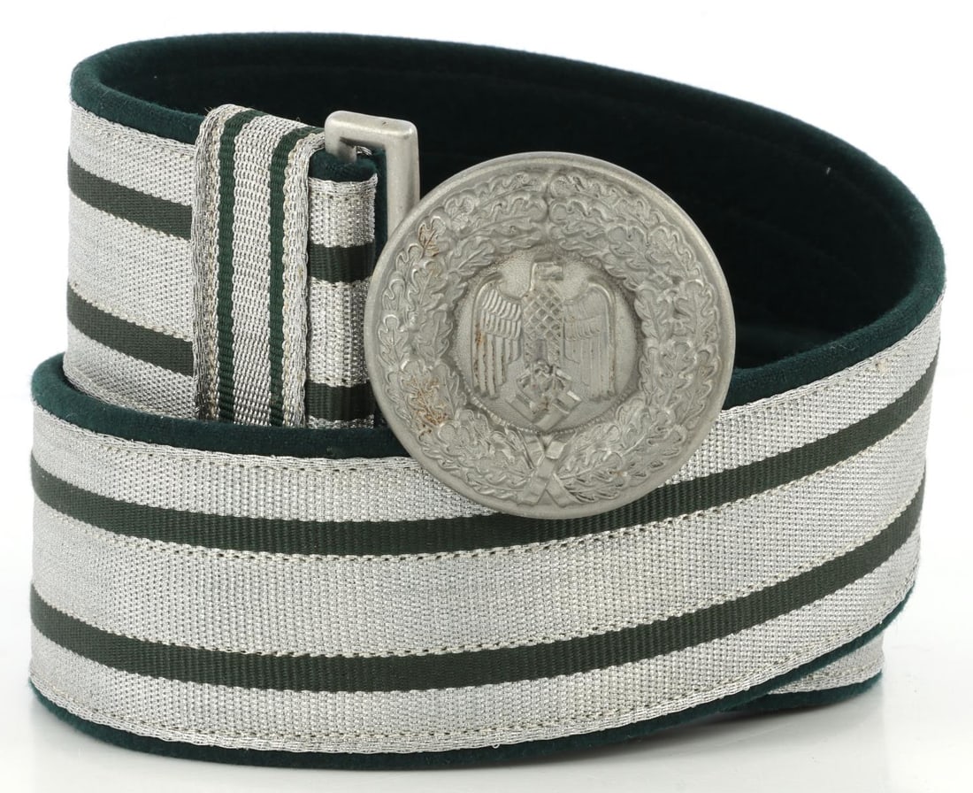 WWII GERMAN HEER OFFICER BROCADE BELT & BUCKLE: 43-inch German Third Reich World War II Wehrmacht Heer officer's brocade dress belt with unmarked buckle. Belt fluoresces. Very good condition. Unauthenticated, sold "as is."