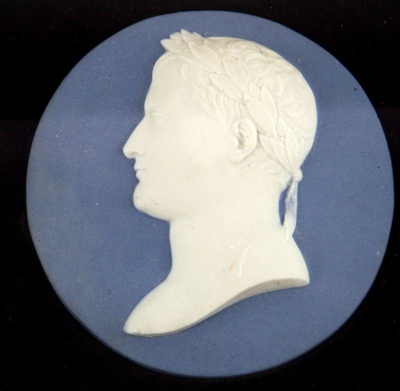 WEDGWOOD JASPERWARE NAPOLEON FRAMED PLAQUE: 4.25 inch diameter Jasperware plaque of Napoleon with laurel. Total framed size is 10 by 10 inches. In very good condition. Reserved item.