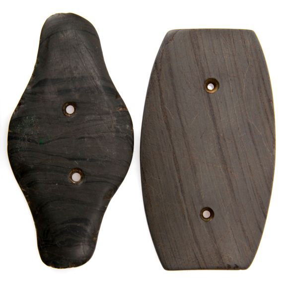 3 WOODLAND PERIOD SLATE GORGET PENDANT LOT: Two Illinois and one Ohio two holed Gorgets, measuring three to four inches, all very good.