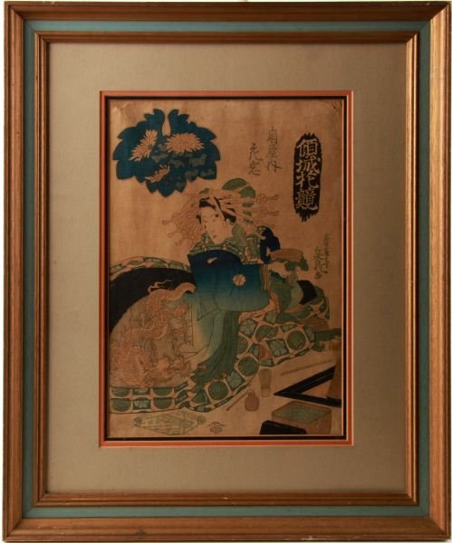 19TH CENTURY JAPANESE UKIYO-E PRINT WITH GEISHA: Signed, but unidentified printmaker of a geisha with Kiwame seal. Print measures approximately 11 by 16 inches, 19 by 23 inches framed. Print is in very good condition with heavy yellowing and wear at
