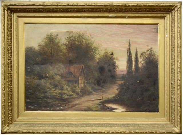 FRAMED OIL ON CANVAS LANDSCAPE SIGNED S COOK: Framed British 19th century oil on canvas painting signed S. Cook. Features a tag on the back which reads, "Geo. Hannay.,, (Late F. Workman) Picture Frame Maker Gilder and c. 19, The Foregate Worchest