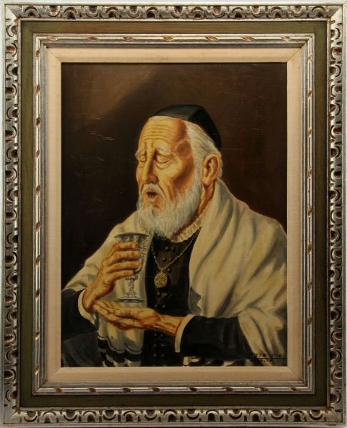 J. PELTA JUDAICA OIL PAINTING BENDICION DEL VINO: Oil on canvas painting signed J. Pelta (and in Hebrew) titled Bendicion del Vino (Blessing of the Wine) of a Rabbi performing the Havdalah ritual with a Kiddush cup and wearing a Kippah and a menorah 