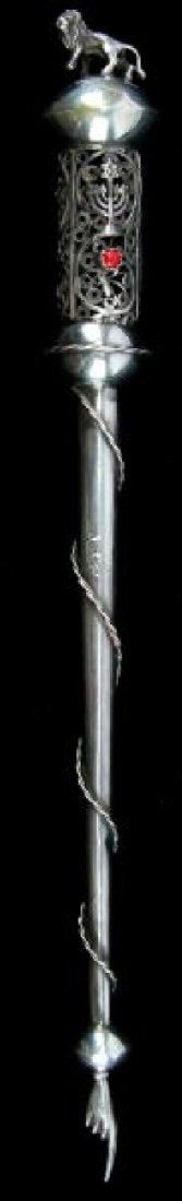 JEWISH TORAH YAD POINTER WITH LION & MENORAH: 11 inch, 1.40 ozt torah yad silversmith hallmarked "CP", Minsk or Warsaw, 84, unidentified assayer. Yad has a set redstone and a few minor dents and a split at the top ball, other wise in very good co