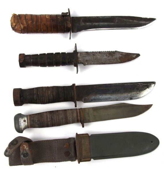FOUR VINTAGE MILITARY KNIVES VALOR CAMILLUS & MORE